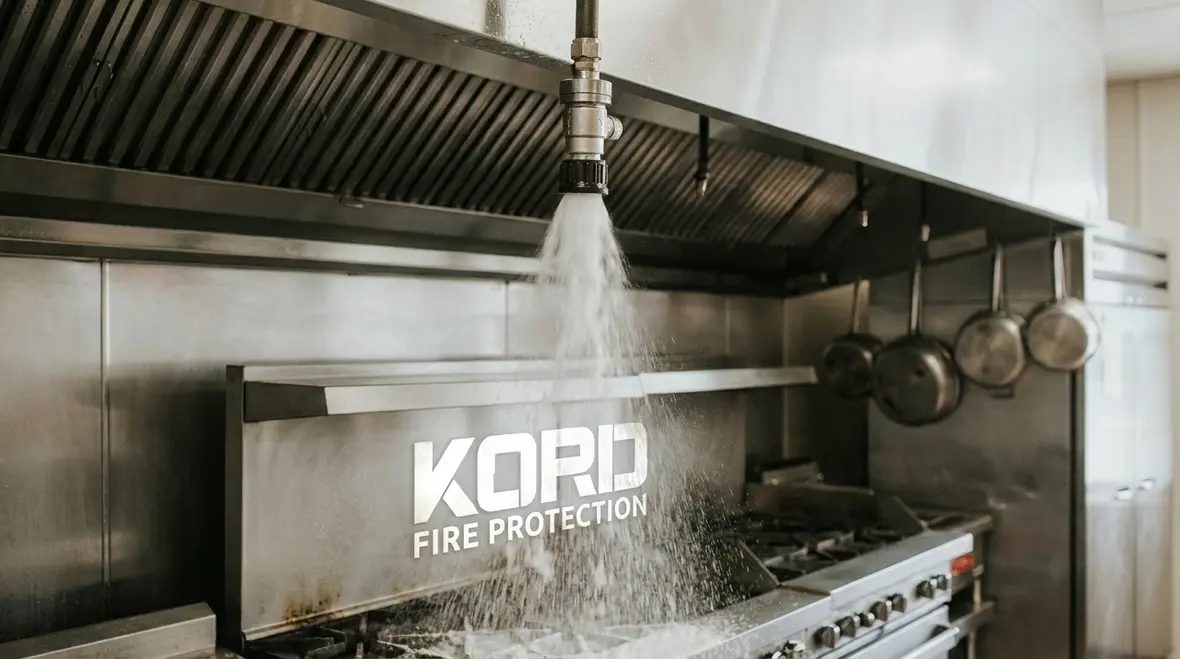 Technician inspecting restaurant hood suppression system after false discharge