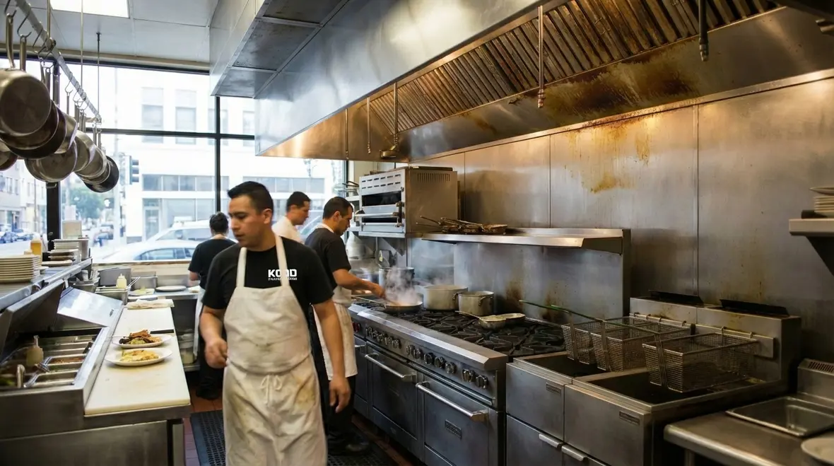 Commercial kitchen fire suppression system over cook line