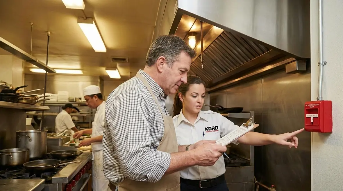 Technician inspecting restaurant fire suppression nozzles