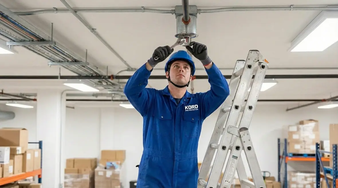 Close-up of a retractable telescoping fire sprinkler head