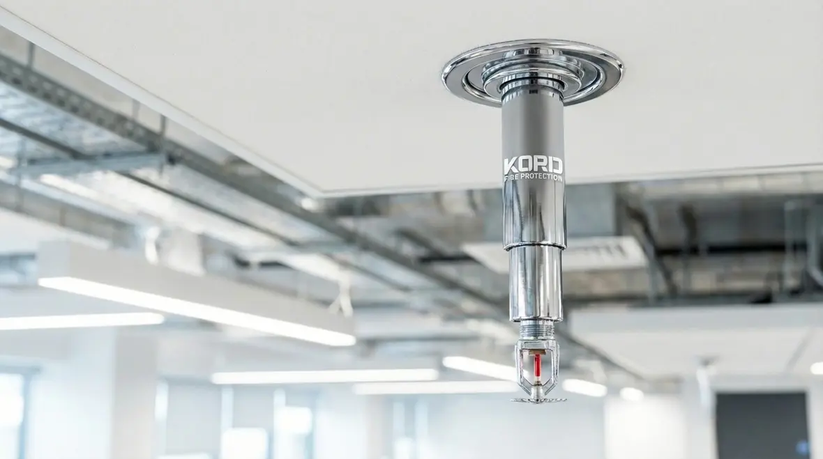 Retractable telescoping fire sprinkler in a modern commercial ceiling