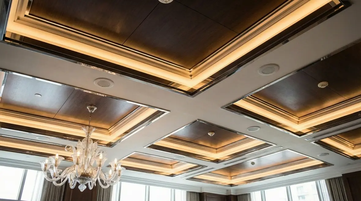 Retractable telescoping sprinkler heads in a luxury lobby ceiling