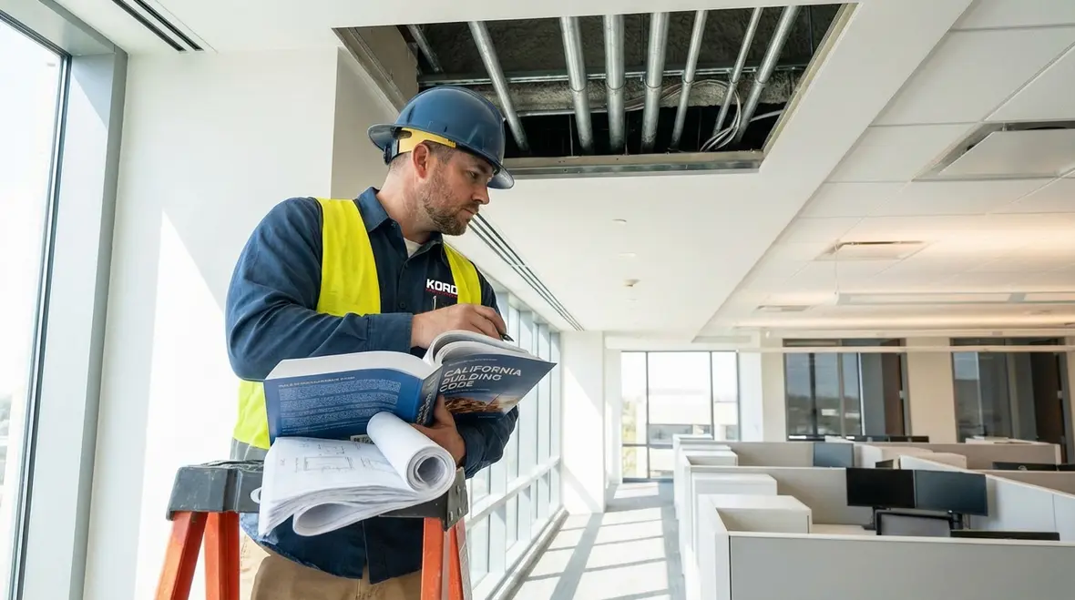 Technicians retrofitting office fire sprinkler system in Los Angeles