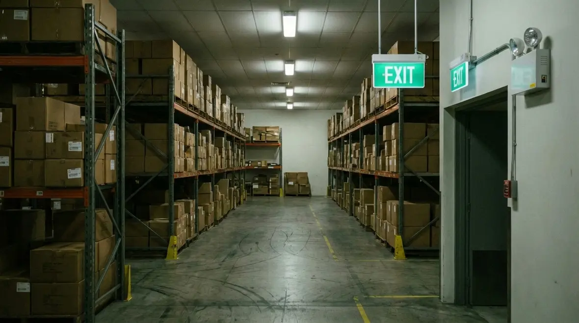 Clearly marked exits and emergency lighting in a Riverside warehouse