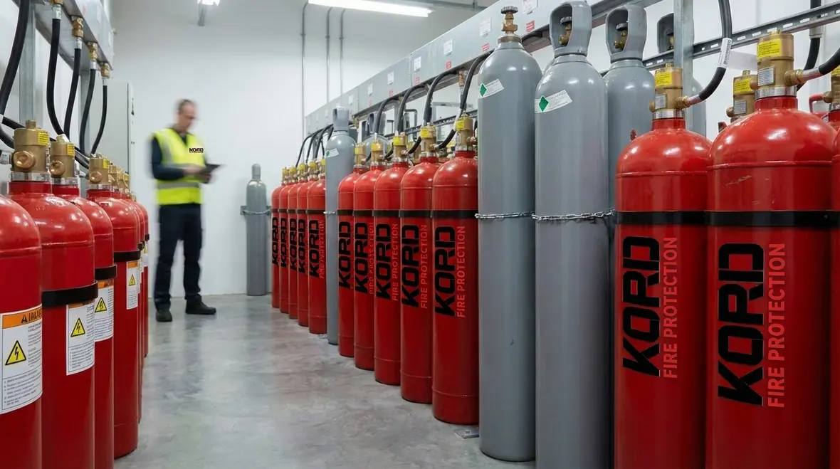 Technician inspecting FM 200 fire suppression components
