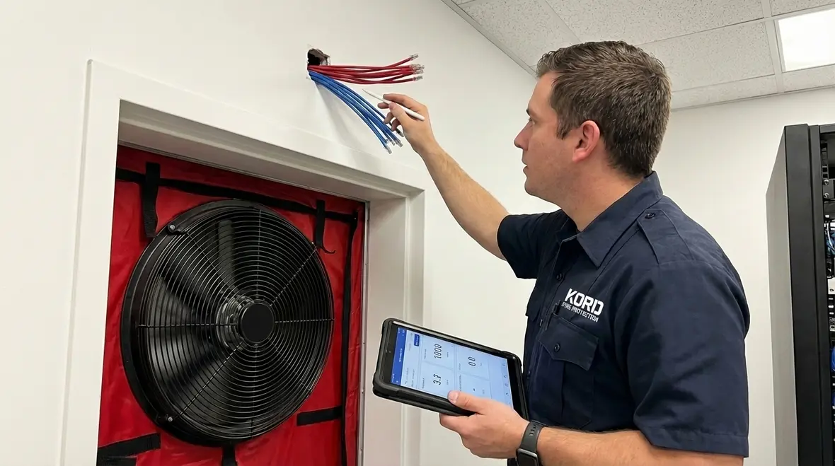 Technician diagnosing room integrity test failure causes in data center