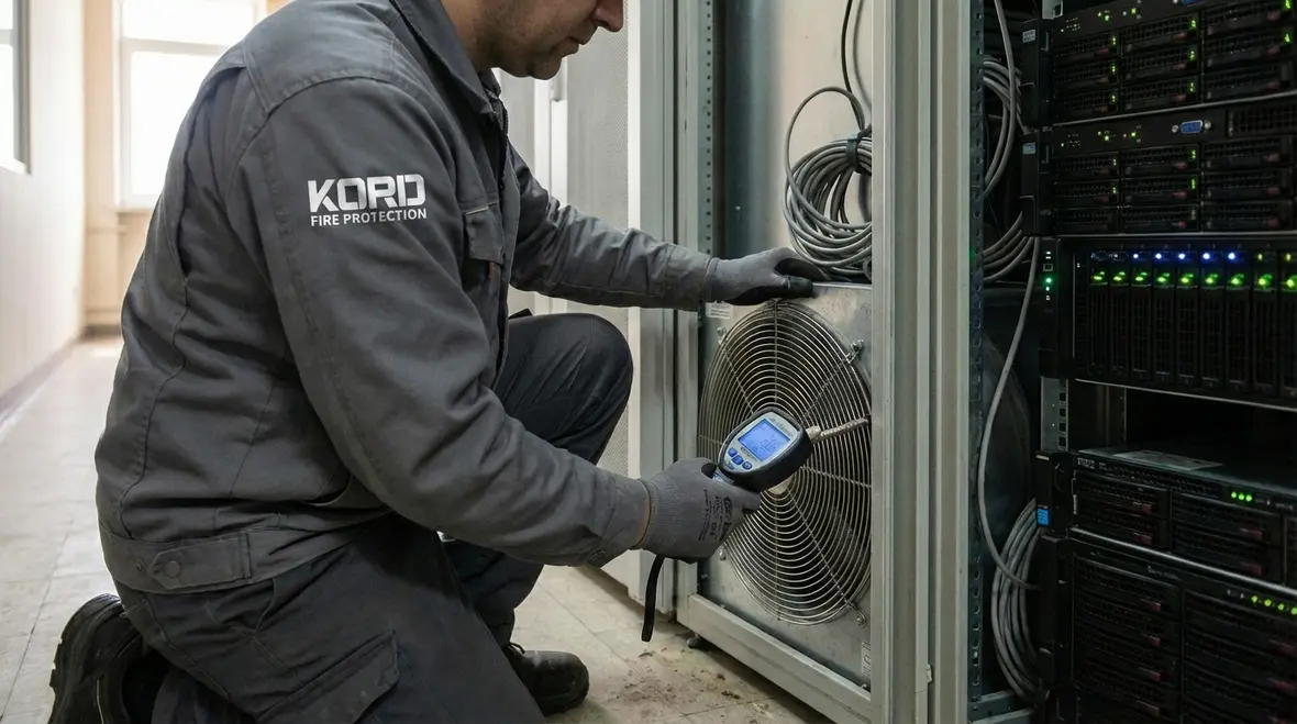 Technician performing room integrity testing for clean agent systems