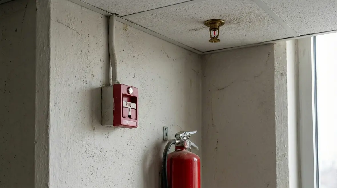 Technician performing fire safety inspection in San Bernardino commercial facility