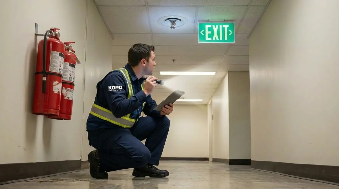 Fire inspector reviewing Santa Ana property safety features