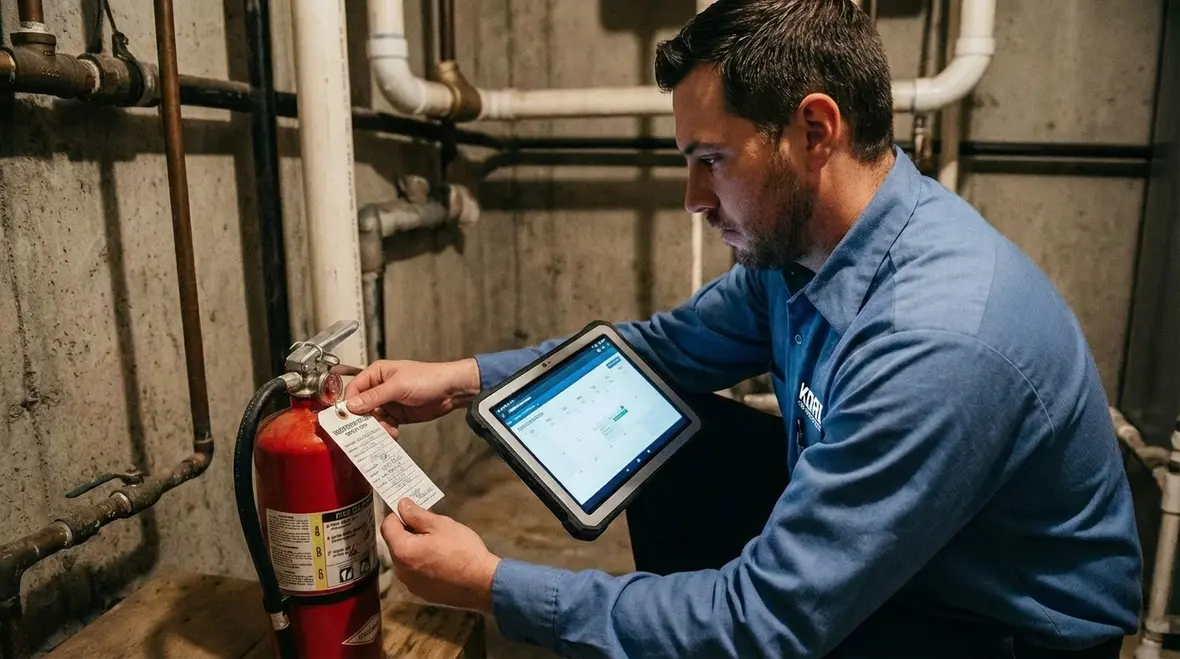 Inspector checking exits, extinguishers, and signage in Santa Ana building