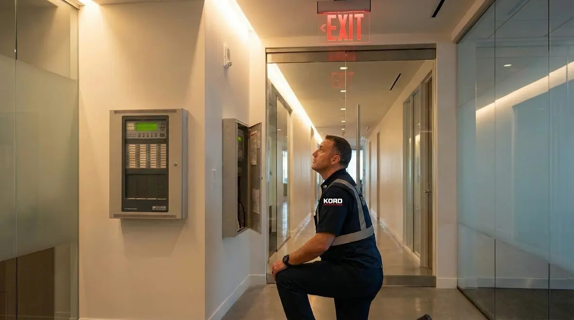 Fire protection technician inspecting a commercial sprinkler system