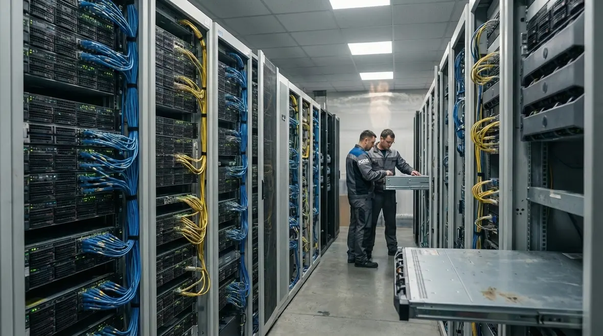 Technician inspecting server room fire suppression cylinders