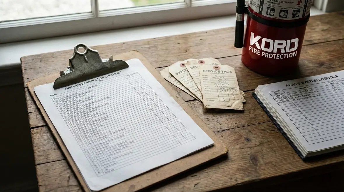 Inspector checking fire sprinklers and alarms