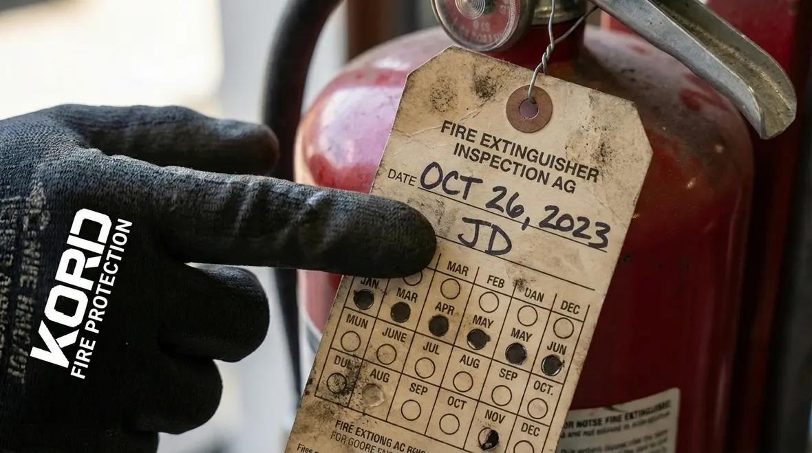 Fire extinguisher technician signing inspection tag