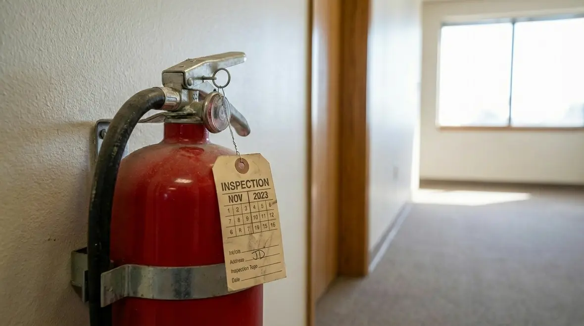 Technician checking a fire extinguisher inspection tag