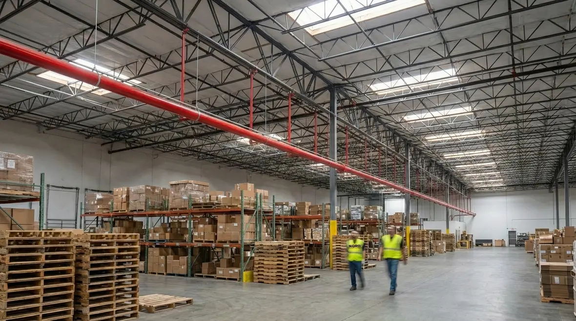 Close-up of wet fire sprinkler piping showing consistent slope