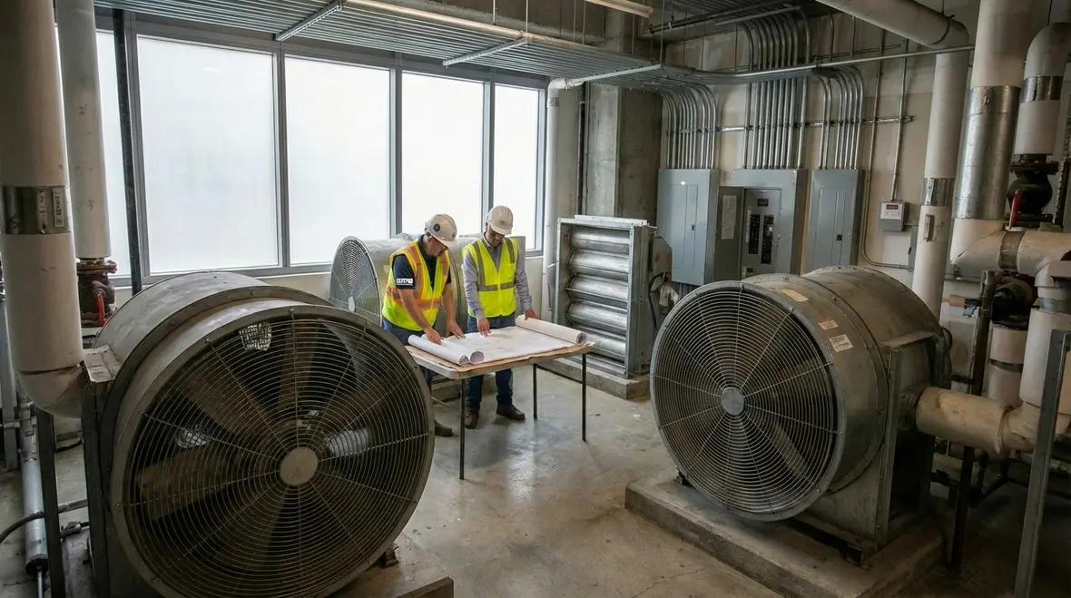 Smoke control fans, dampers, and control panels in LA building