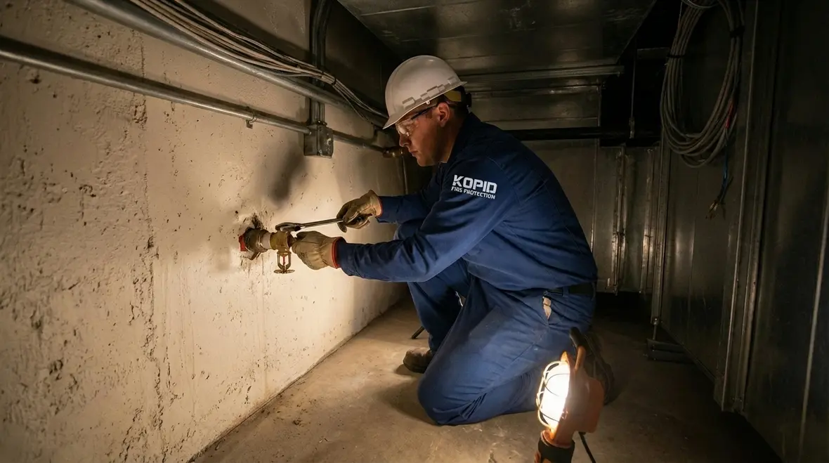Sidewall sprinkler coverage pattern in a narrow Orange County room