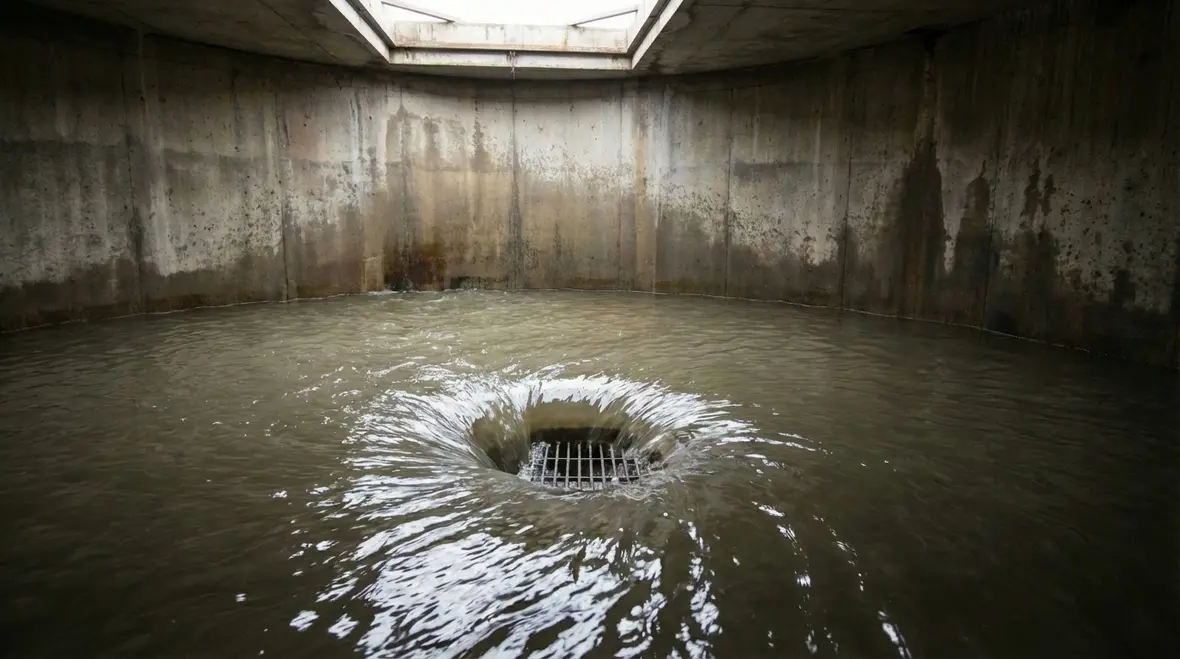 Interior of fire water tank with anti vortex plate and suction outlet