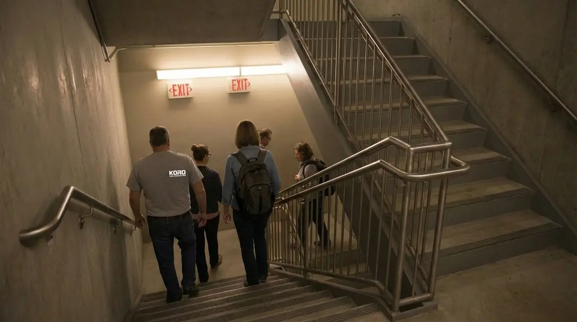 Firefighters using lit stairwell as part of emergency path