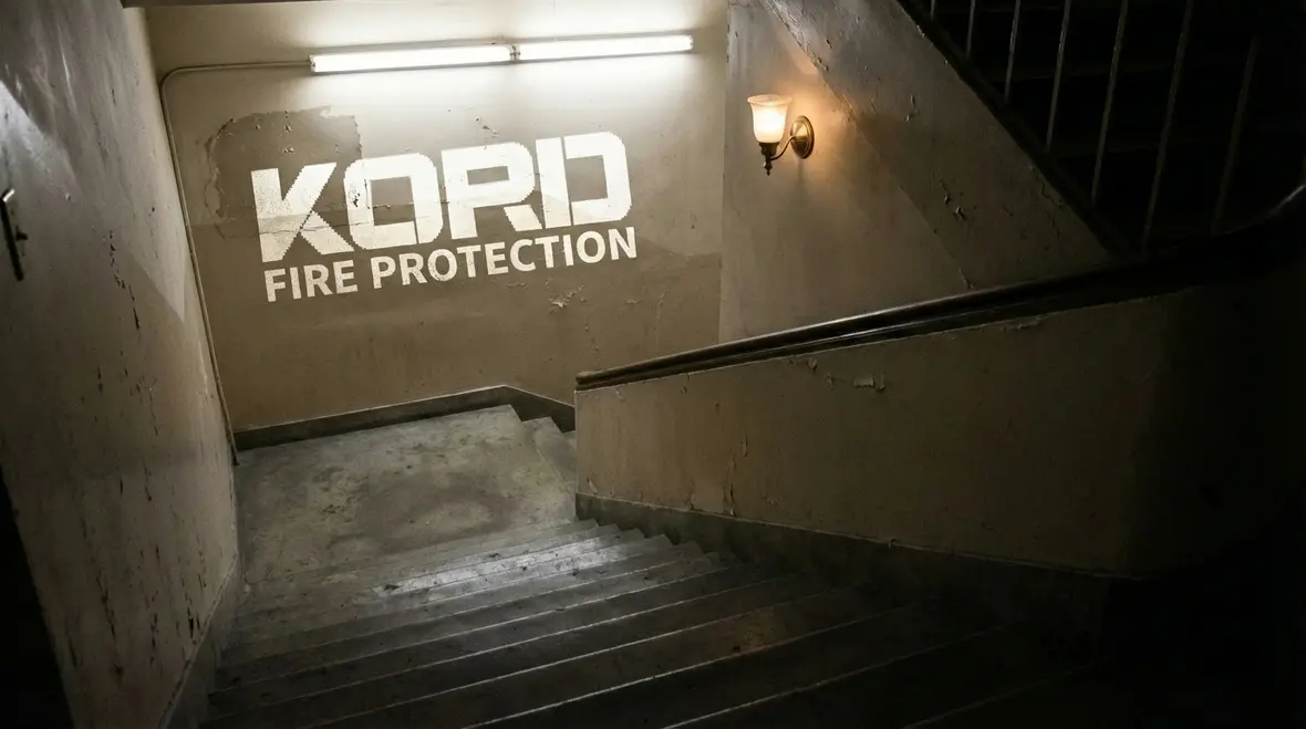 Close up of stair treads lit by emergency light