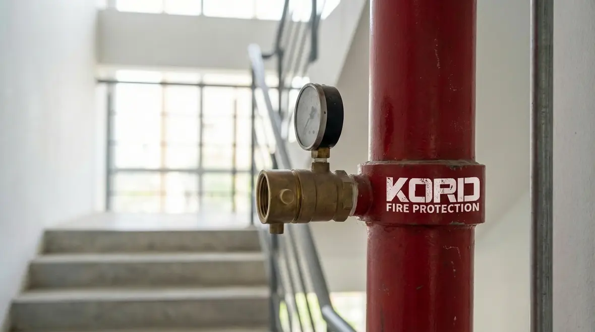 Standpipe riser and valves in a building stairwell