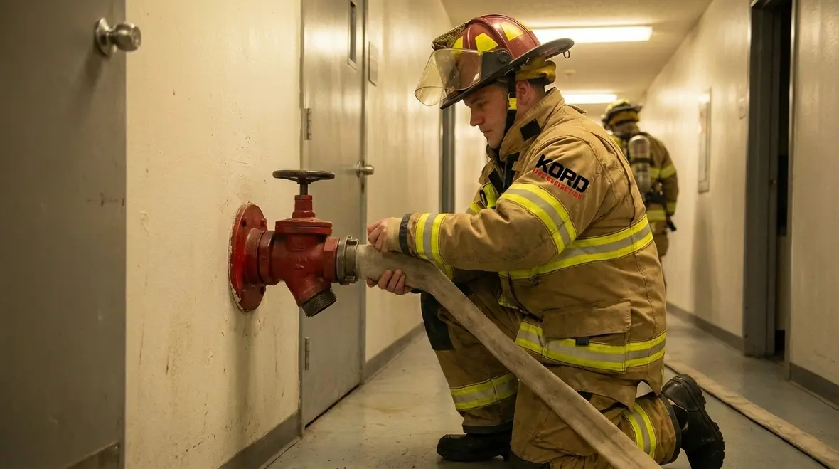 Technician checking standpipe valves and gauges during inspection
