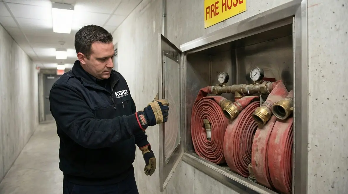 Close-up of labeled standpipe cabinet with inspection tag