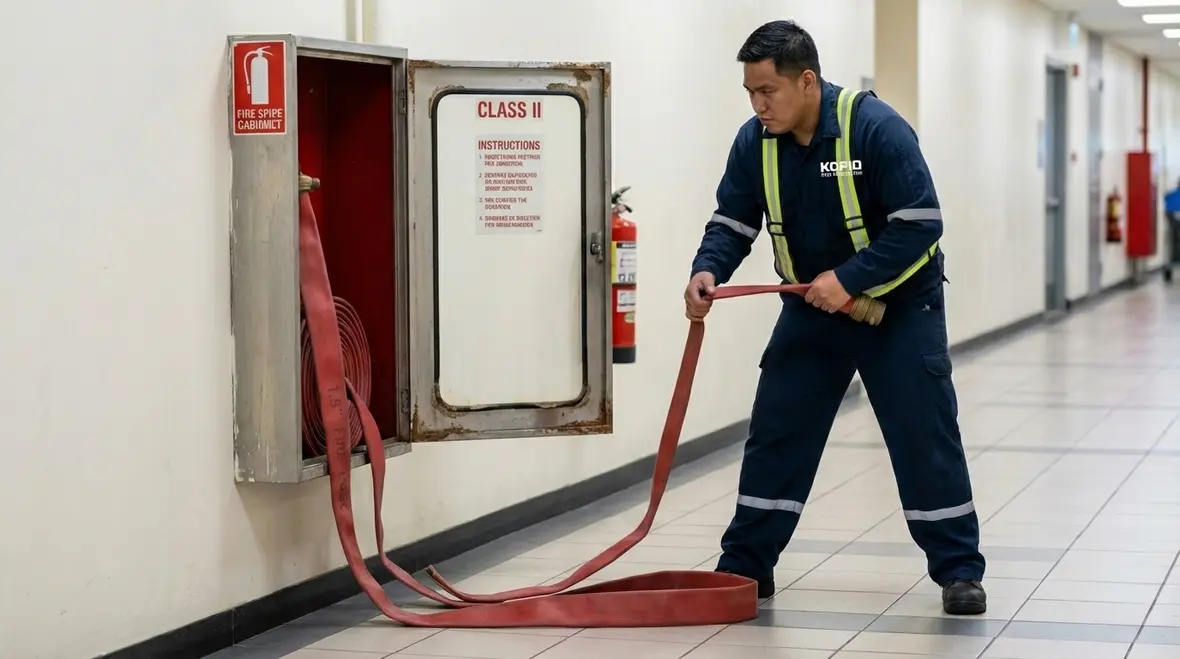 Firefighter connecting hose to a Class I standpipe outlet