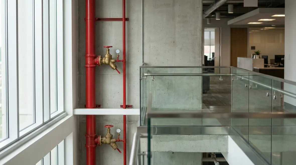Standpipe hose valves and gauges in a commercial stairwell