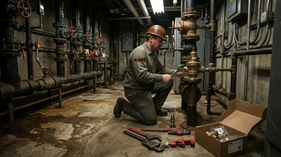 Fire protection team reviewing standpipe flow test results and planning repairs