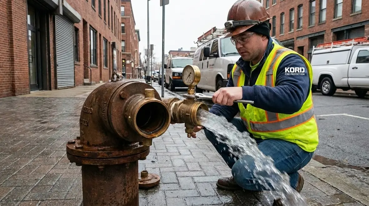 Water discharging from a standpipe test header during a flow test