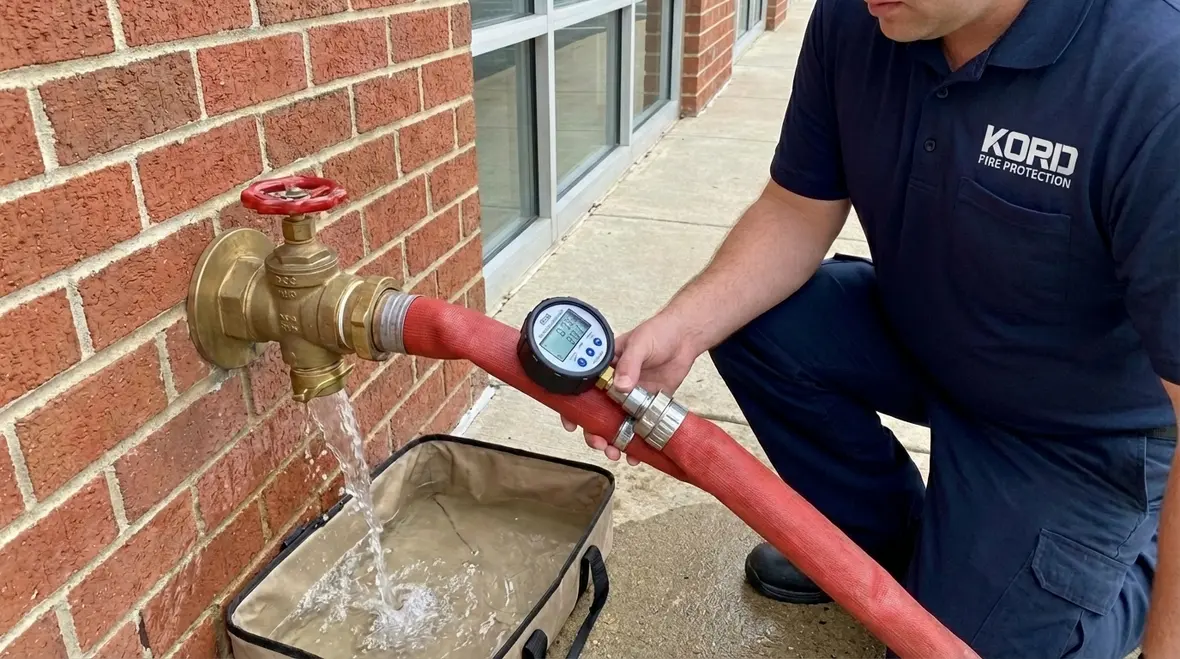 Standpipe flow test being performed in a high rise building