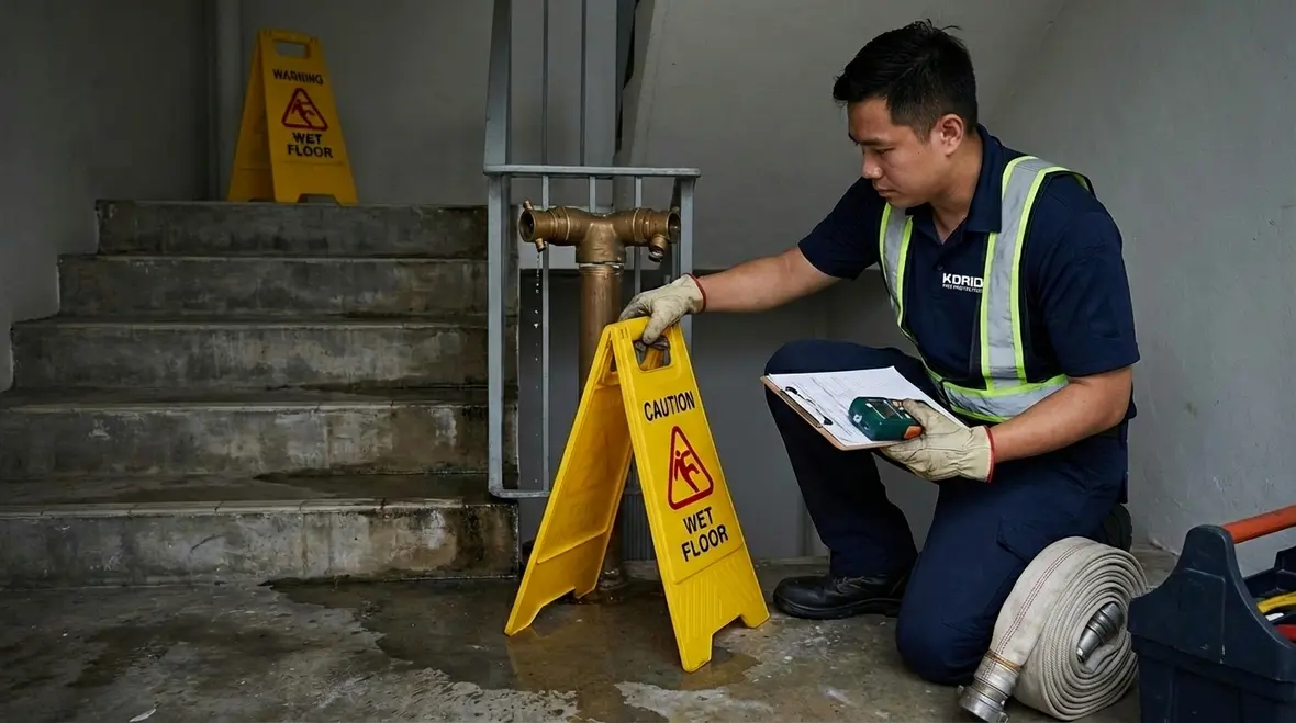 Fire protection technician testing standpipe valve pressure