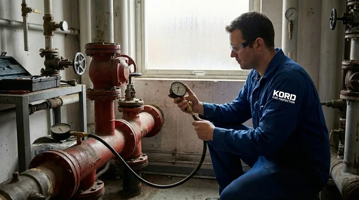 Technician inspecting a standpipe pressure reducing valve