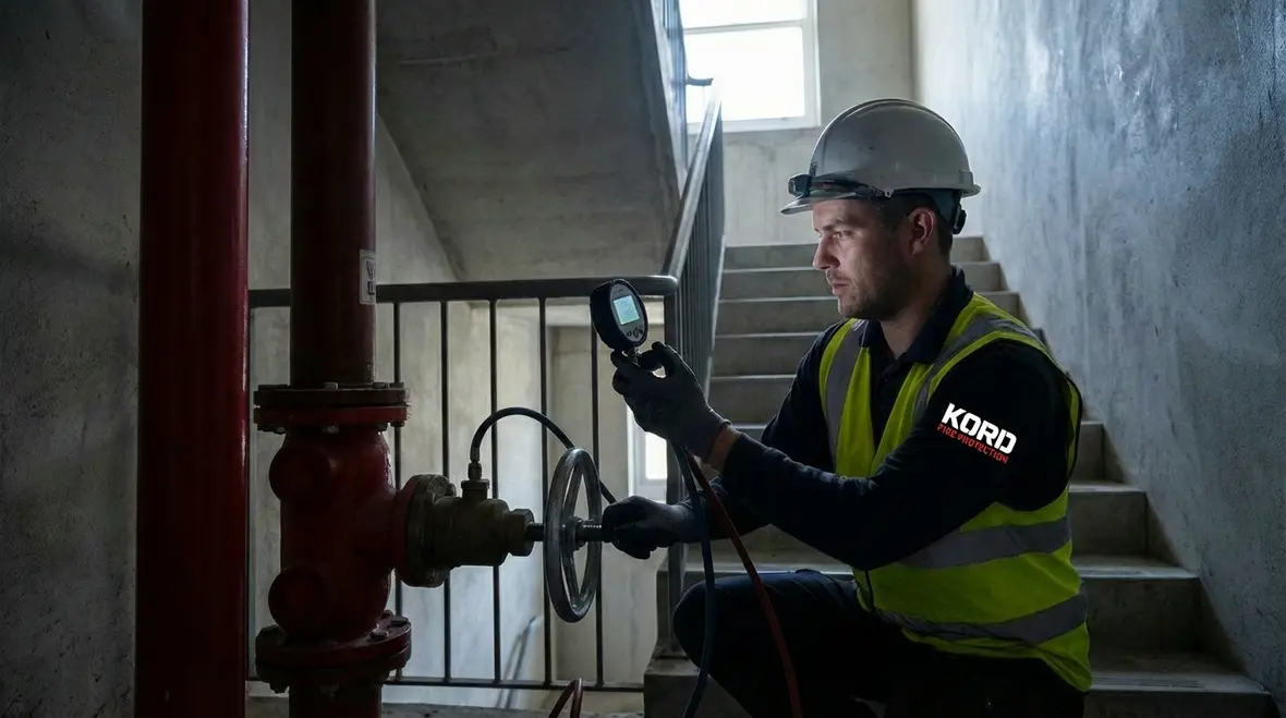 Close-up of a combined standpipe and sprinkler riser assembly