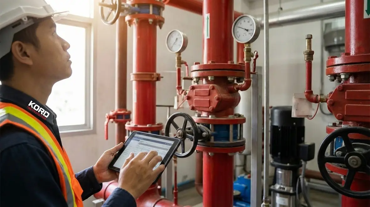 Technician inspecting a combination standpipe and sprinkler riser