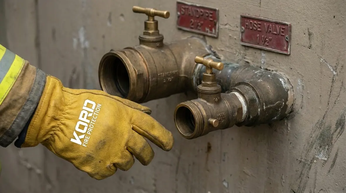 High rise firefighter using standpipe hose connection