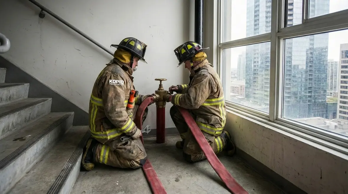 Technician inspecting a standpipe valve and gauge
