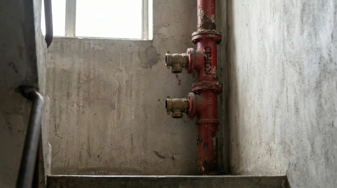 Standpipe system piping and valves in a high rise stairwell