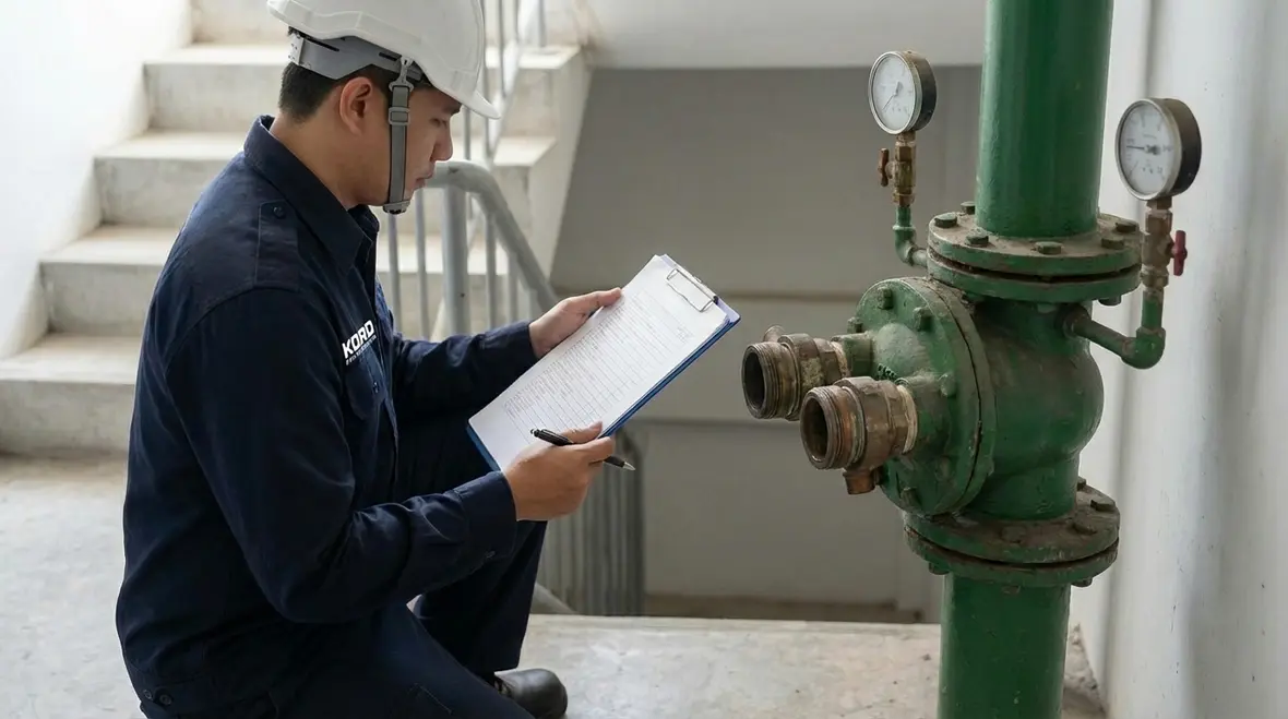 Technician reviewing a standpipe system inspection checklist on site