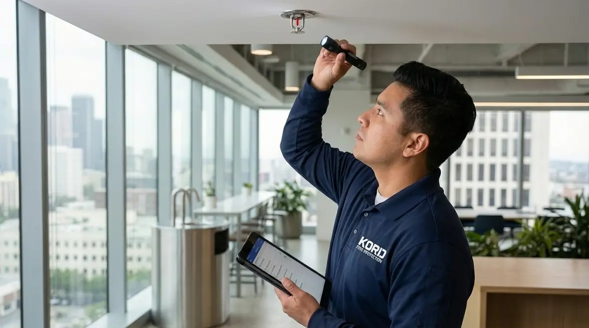 Technician performing commercial fire system maintenance in Los Angeles