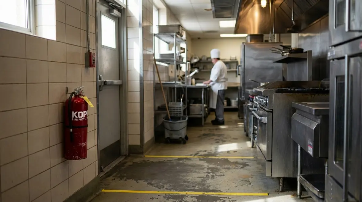 Restaurant kitchen hood and suppression system above cook line