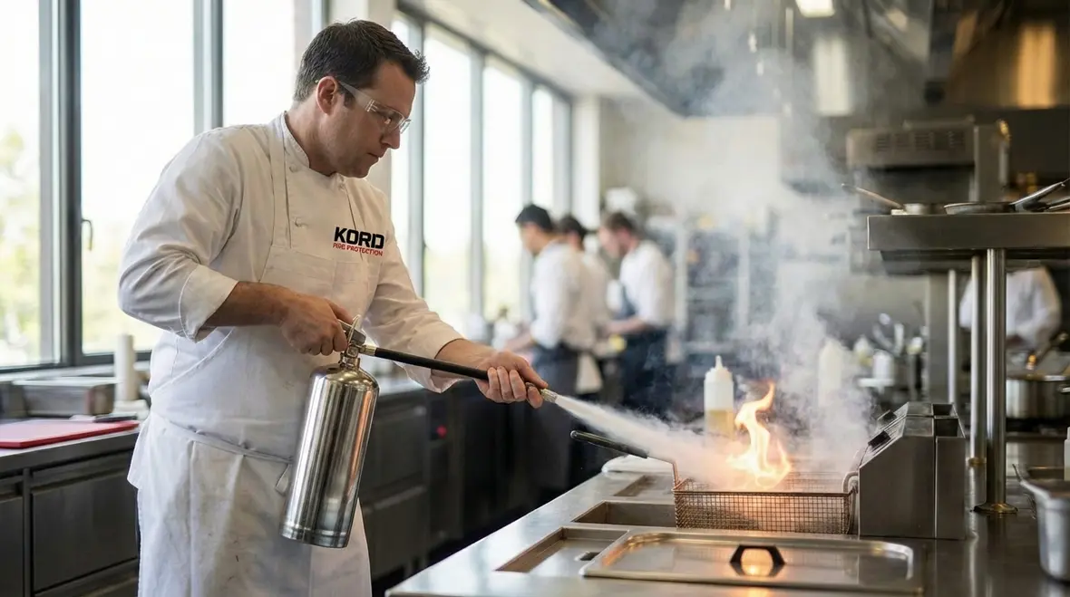 Commercial kitchen with Class K fire extinguisher near cooking equipment
