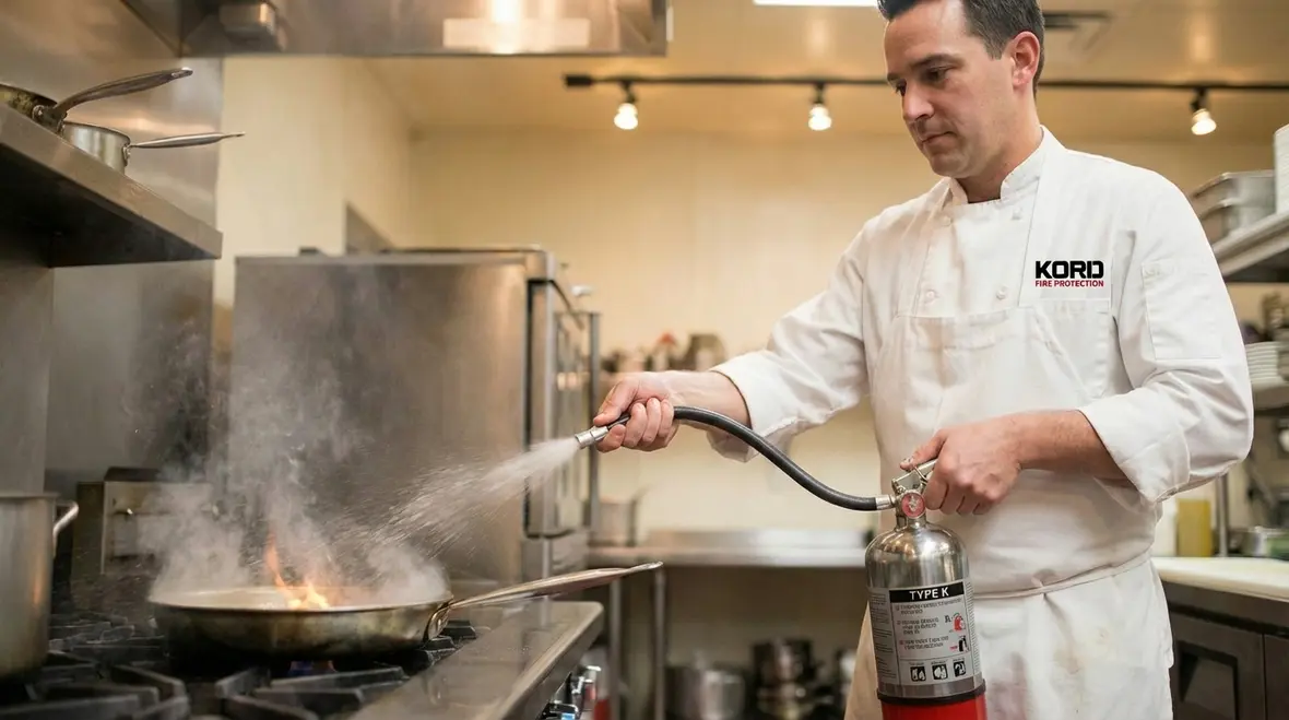 Type K extinguisher staged near commercial fryer