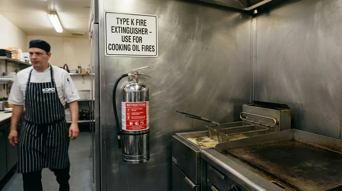 Type K fire extinguisher mounted along a kitchen exit path