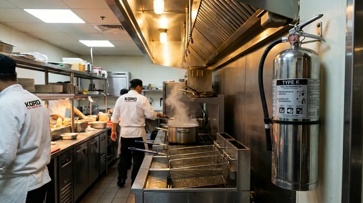 Type K fire extinguisher placement in commercial kitchen