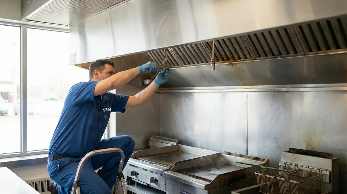 Close-up of a UL 300 compliant kitchen hood fire suppression nozzle over a fryer line