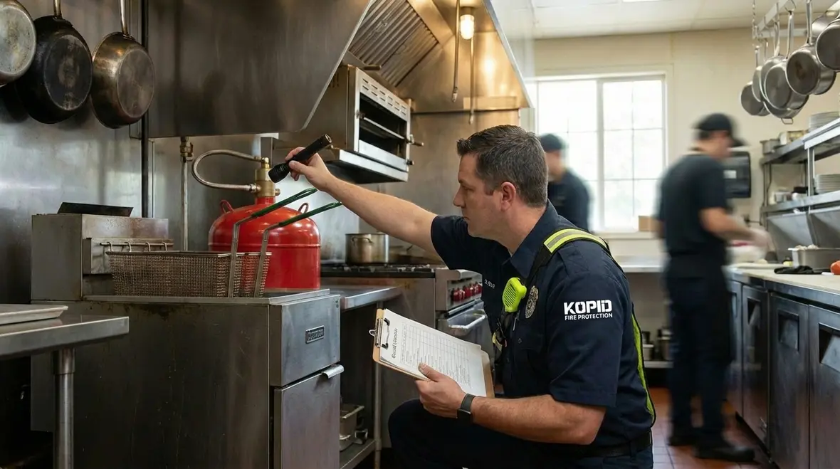 Technician performing a semi-annual inspection on a restaurant hood fire suppression tank and controls