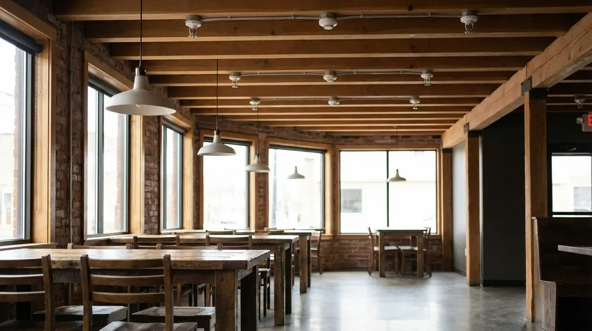 Row of commercial fryers protected under a kitchen hood fire suppression system